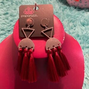 Paparazzi Burgundy Tassel Earrings with Silver Geometric Accents